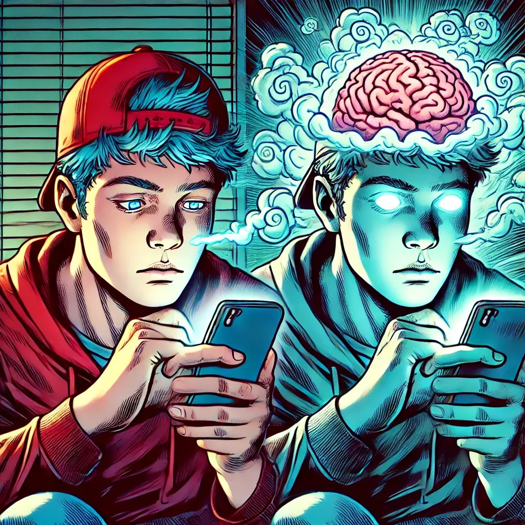 DALL·E 2025-03-03 09.41.38 - A comic-style illustration of a teenage boy staring at his smartphone while continuously scrolling. His expression is completely blank, showing no eng.webp